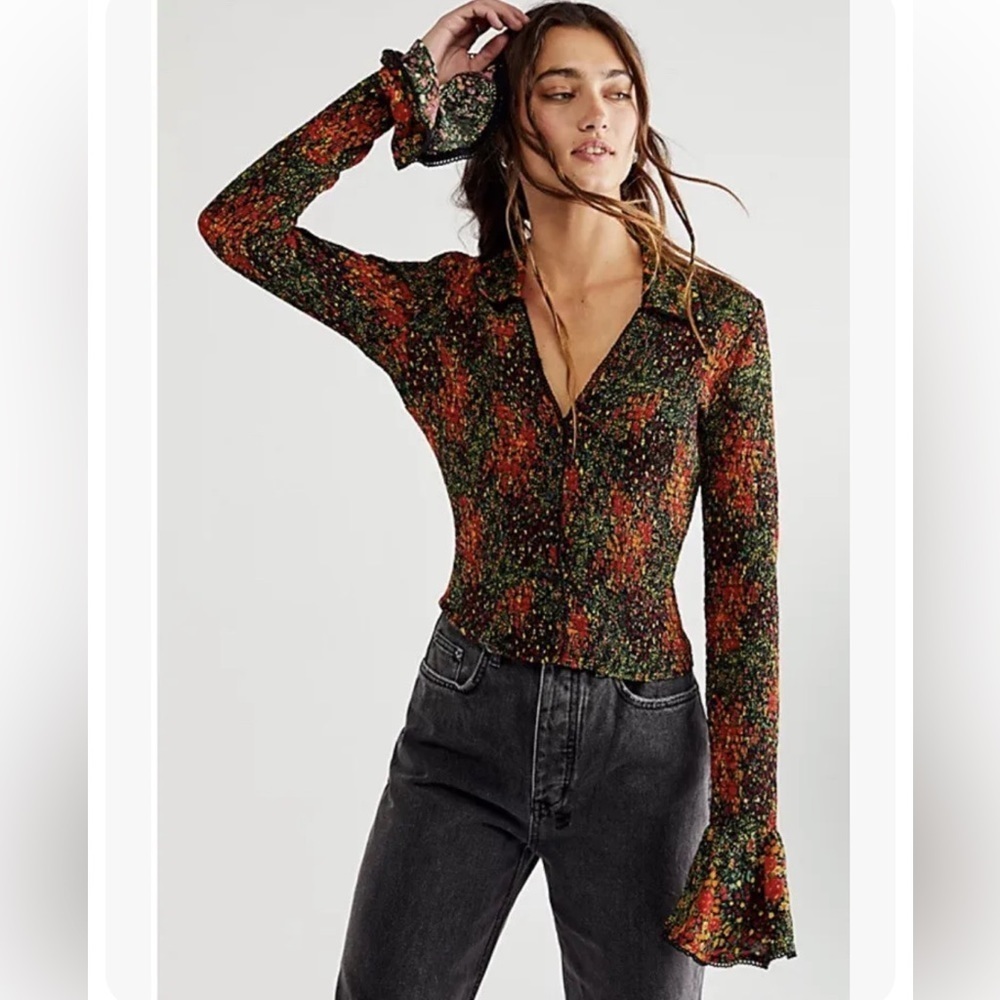 NWT Free People Amelia Printed Blouse Bell Sleeve Blouse $138 Size L